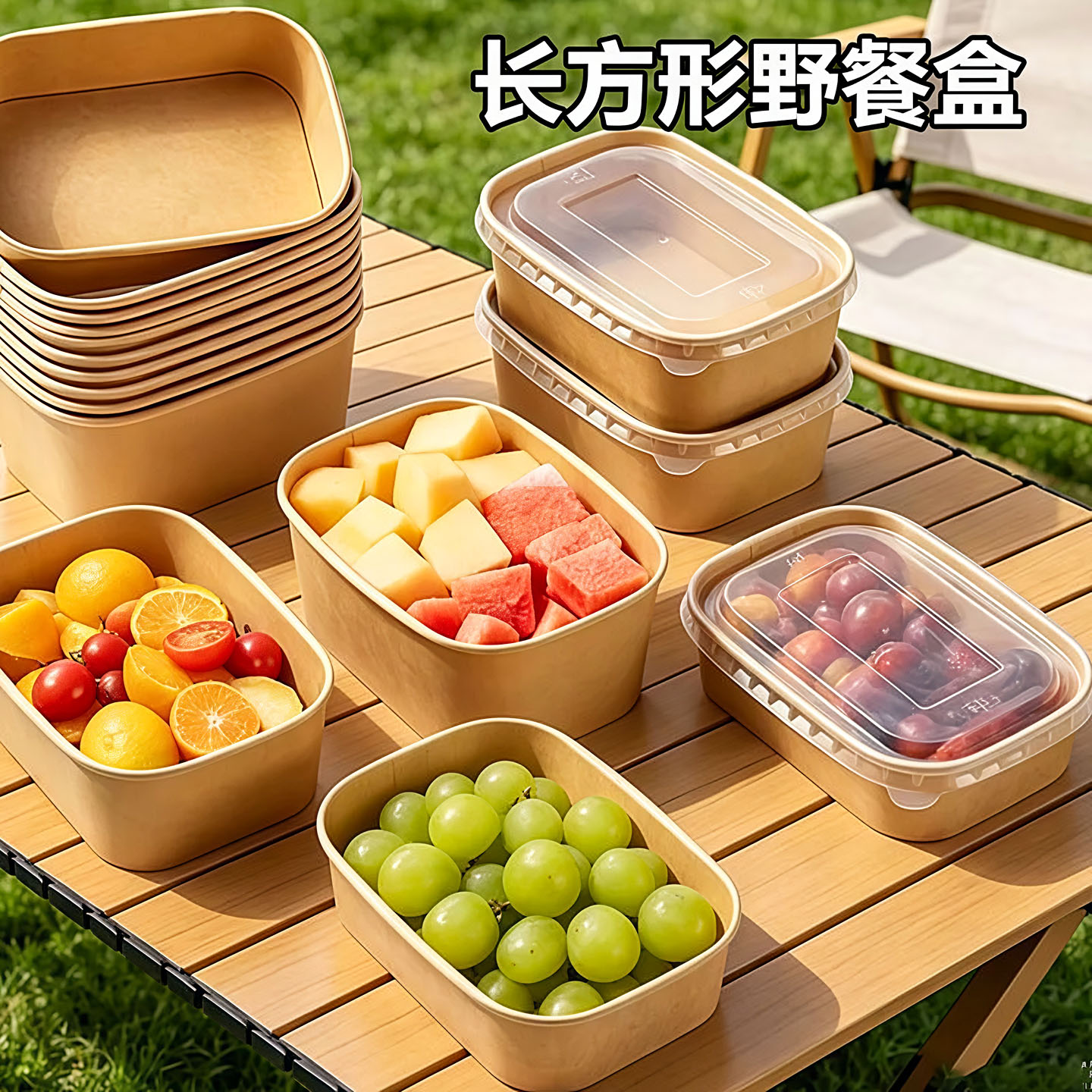 一次性饭盒餐盒牛皮纸打包盒水果纸盒沙拉盒食品级带盖长方形带盖