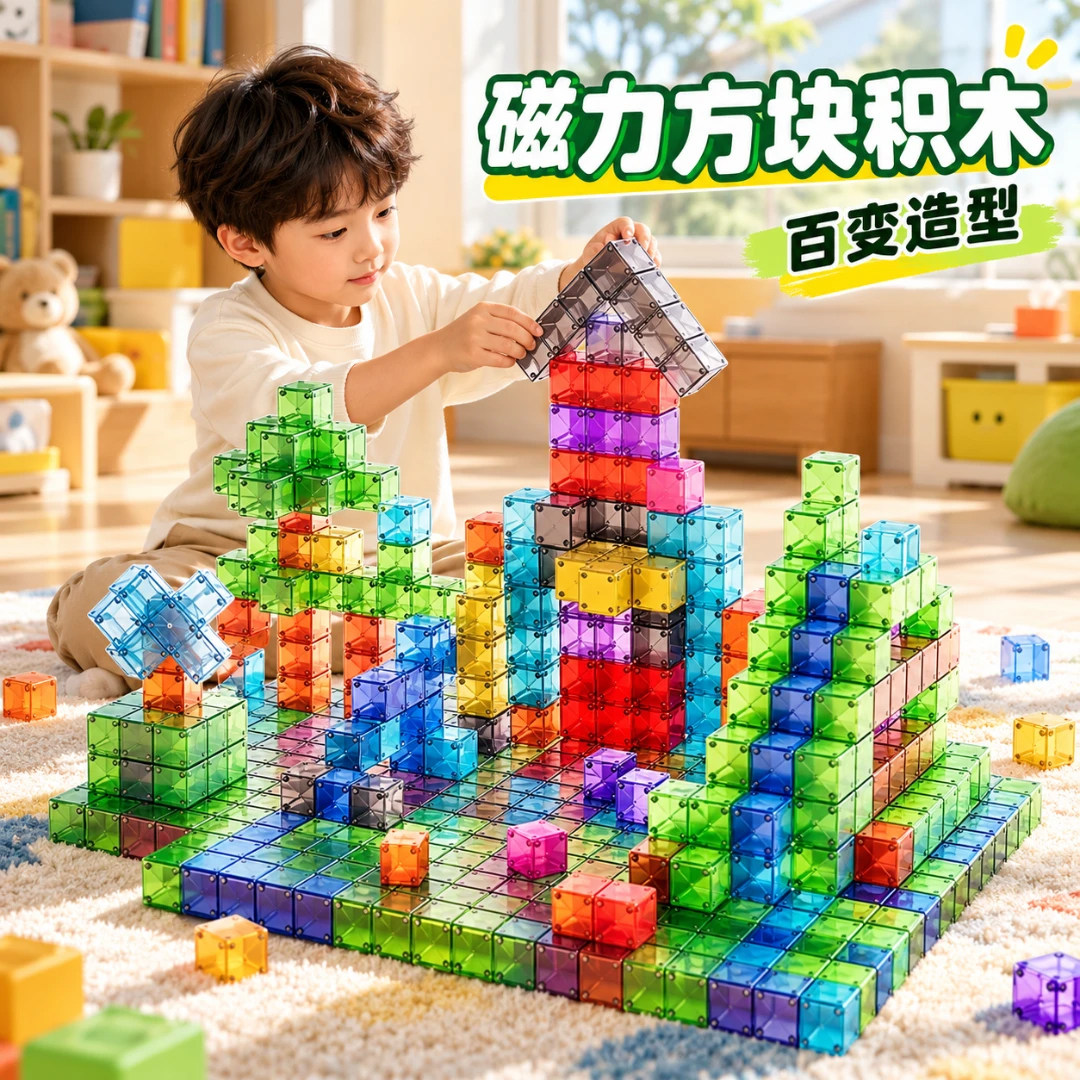磁吸磁力方块积木玩具百变透明圆角超大颗粒早教儿童益智立体思维