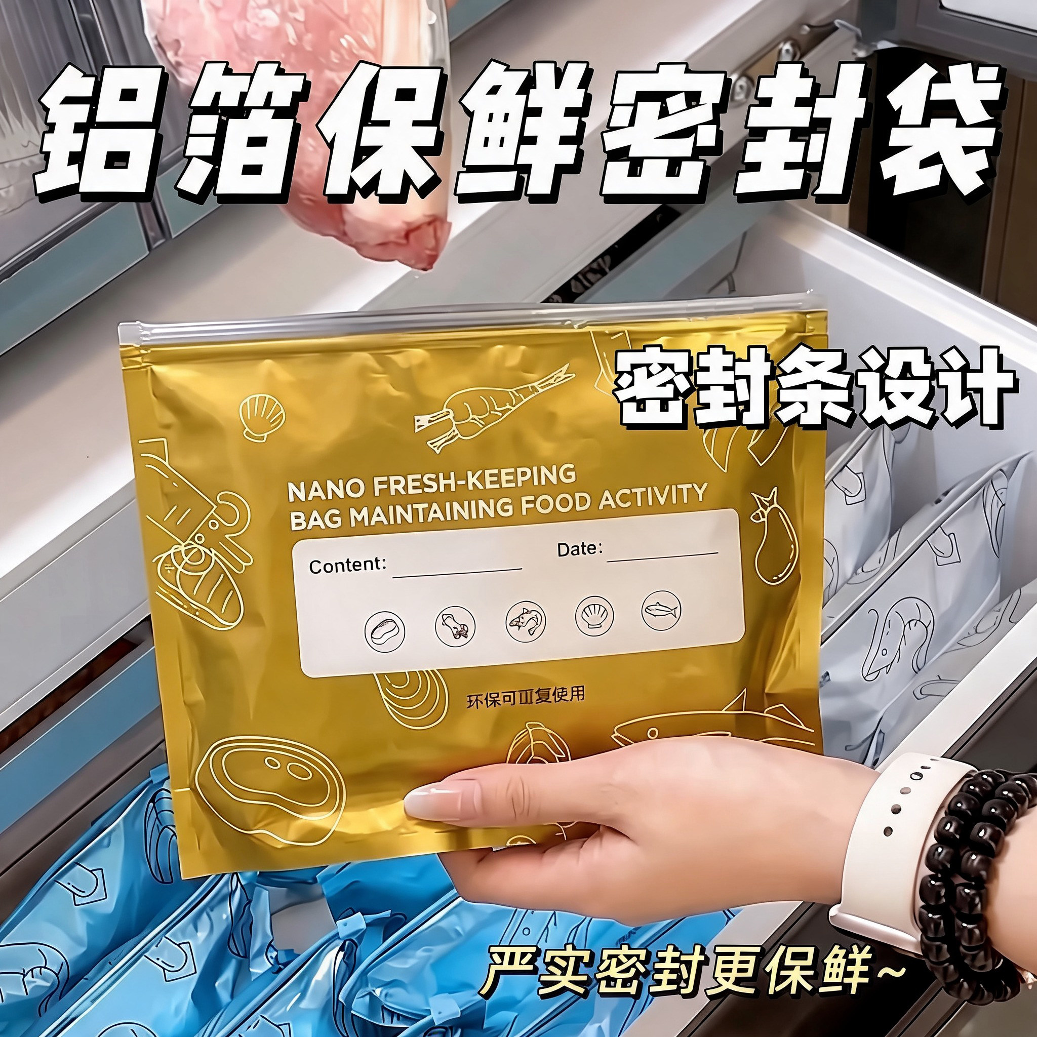 保鲜袋密封袋加厚铝箔冰箱锁鲜收纳袋纳米防串味冰箱保鲜袋加厚款