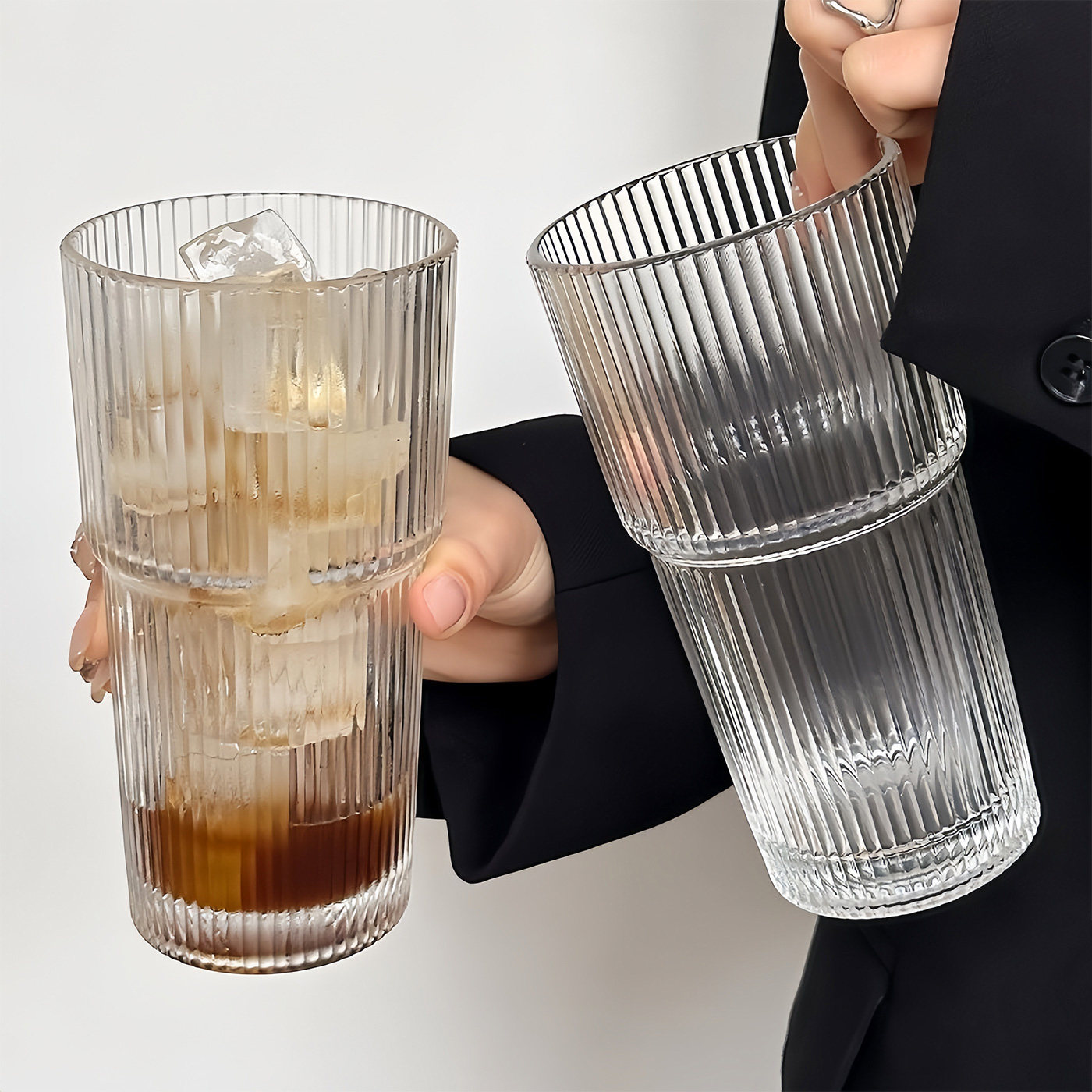 咖啡厅复古可叠竖纹玻璃杯子冰美式拿铁杯咖啡杯大容量饮品杯水杯