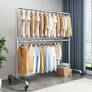 1寸镀锌钢晾衣架落地卧室阳台挂衣服简易加粗加厚双层带轮晒衣杆