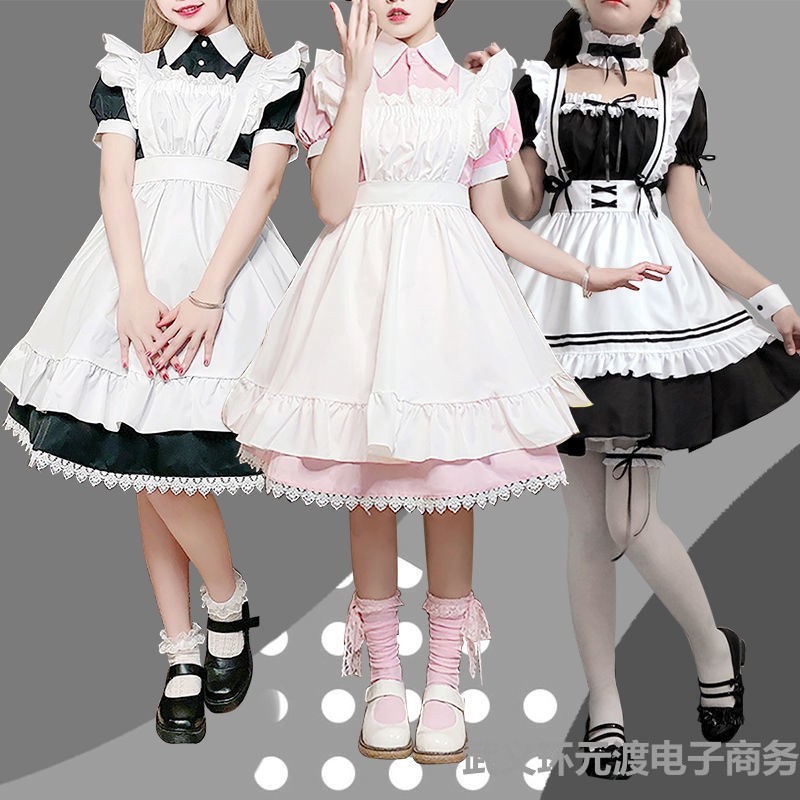 日系短袖短裙cosplay服可爱洛丽塔制服日常连衣裙黑白女佣女仆装