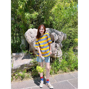 彩虹撞色条纹短袖T恤女夏季新款韩版chic宽松港风休闲半袖上衣潮