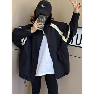 黑色冲锋衣外套女2025秋冬新款撞色宽松休闲中长版夹克棒球服上衣
