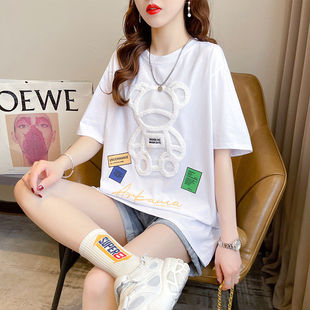 大版白色短袖T恤女夏季韩版美式复古卡通小熊宽松中长版半袖上衣