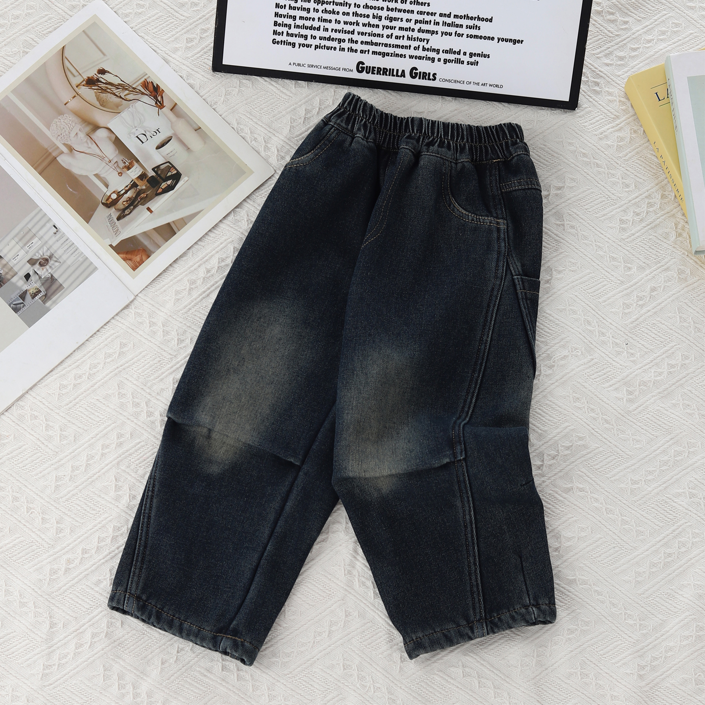 立体裁剪水洗做旧加绒牛仔裤潮帅