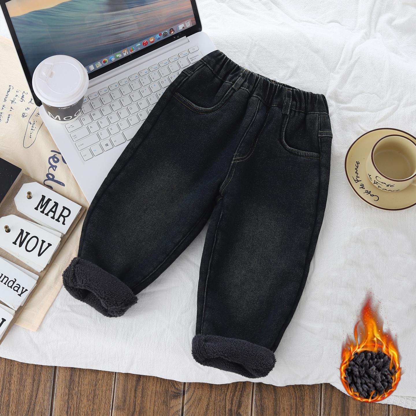 水洗做旧加绒软牛仔裤简约百搭潮