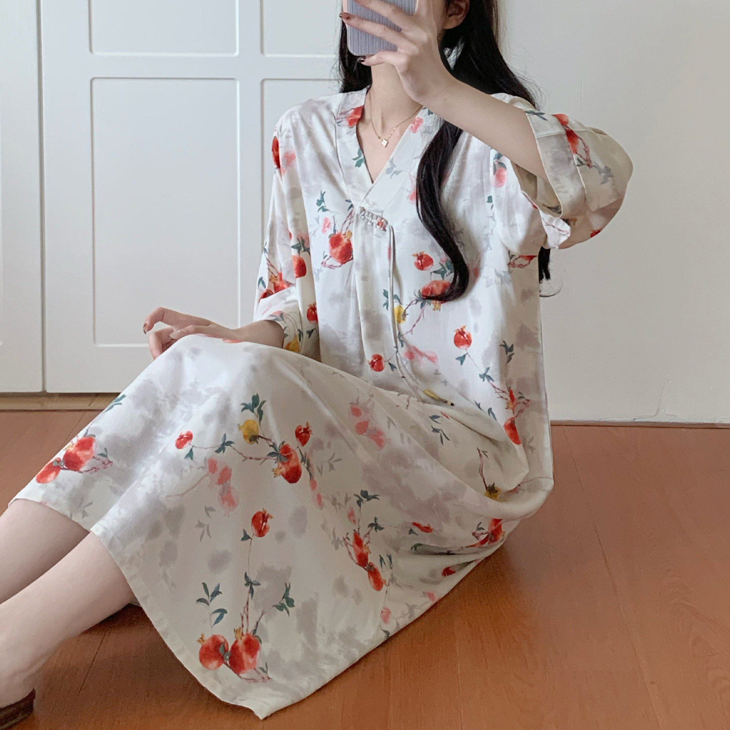 棉绸睡裙女士夏印花盘扣宽松休闲简约夏季中袖中长裙可外穿家居裙