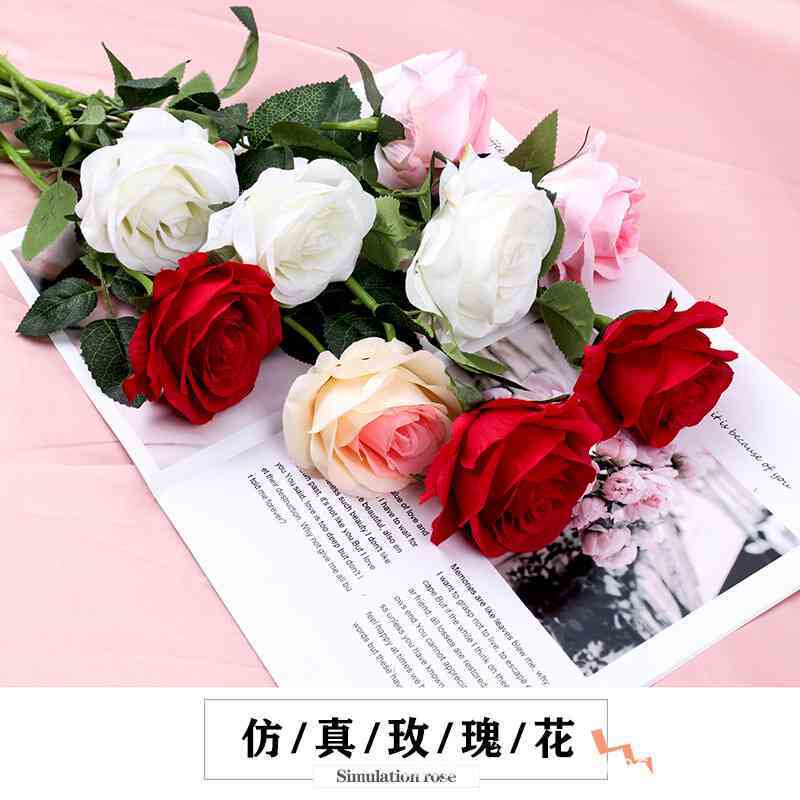高档单支仿真玫瑰花假花绒布花拍照道具饰品摆件美甲手拿背景装饰
