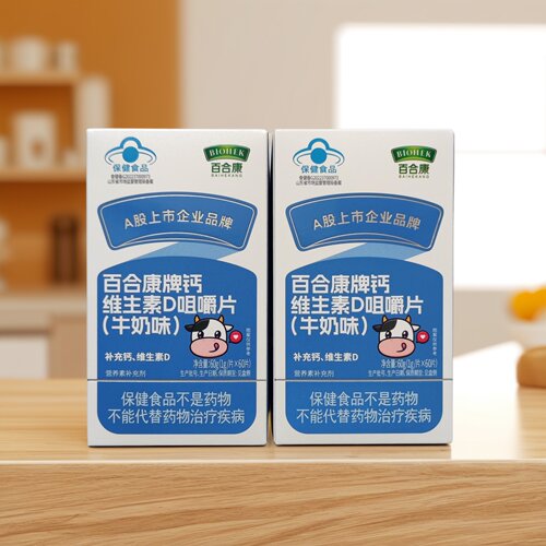 【拍1发5盒】百合康牌钙维生素D咀嚼片牛奶味60片/盒正品防伪可查