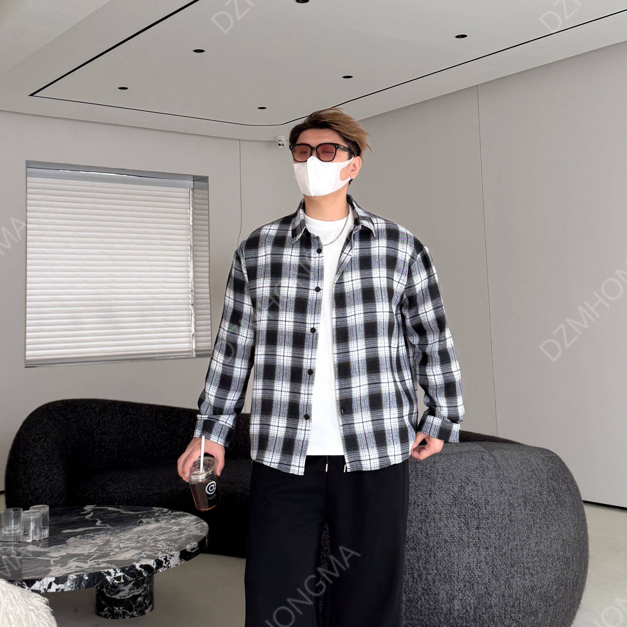 DAZHONGMA 港风格子纽扣工装宽松牛仔衬衫外套春季韩版衬衣男士