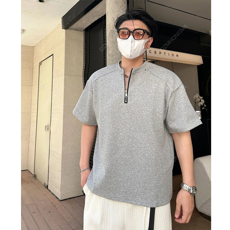 【大重码】280克夏季亨利领半拉链小众设计拉链铆钉男士短袖T恤男