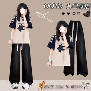 大童短袖T恤女套装夏季少女高中学生阔腿裤两件套初中生女孩衣服