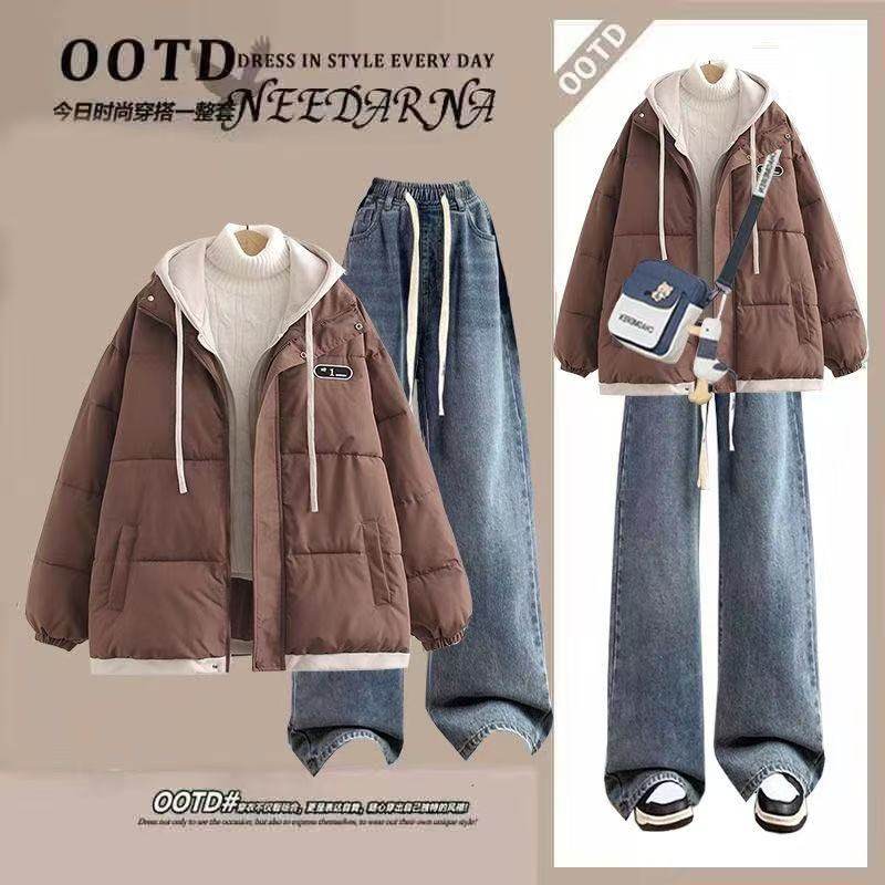 15少女假两件棉服外套装女16初中学生冬季新款休闲运动网红两件套