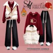 女青少年高中生过新年三件套 大童初中生红色加绒卫衣保暖马甲套装