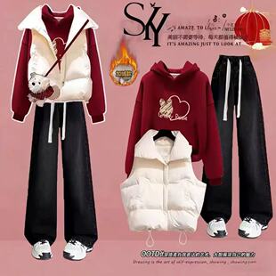 大童初中生红色加绒卫衣保暖马甲套装女青少年高中生过新年三件套