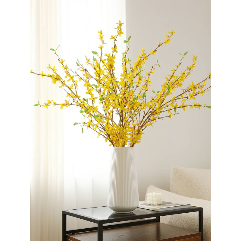 黄色迎春花仿真花假花绢花酒店高级感线条花卉客厅电视柜落地装饰