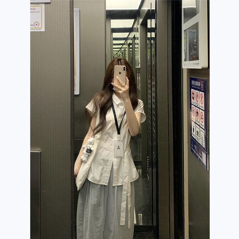 设计感小众短袖衬衫女夏季2026新款韩系百搭绑带收腰中长款上衣潮