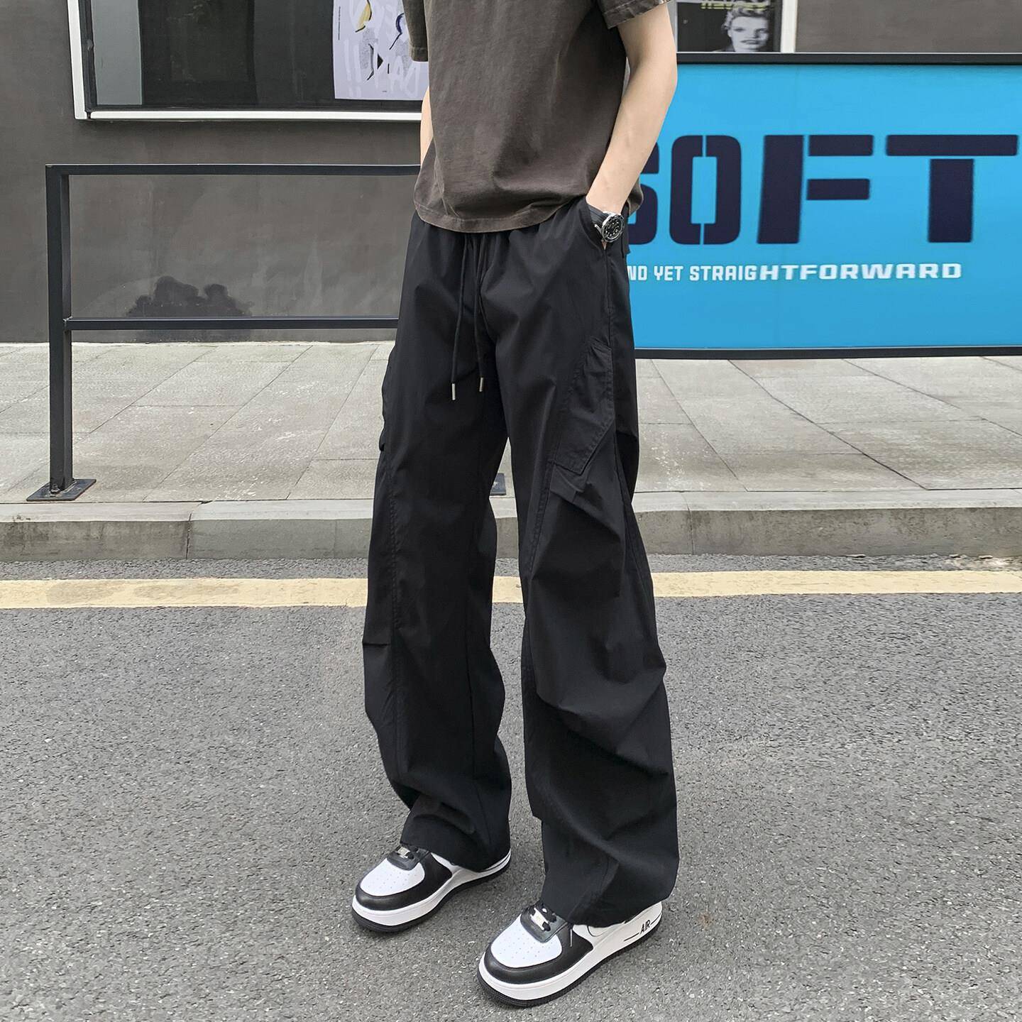 美式褶皱冰丝裤子男款夏季宽松直筒伞兵裤cleanfit速干 干运动休