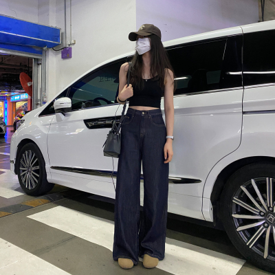 深蓝色阔腿牛仔裤女冰丝2025夏季薄款丹宁宽松显瘦直筒拖地阔腿裤