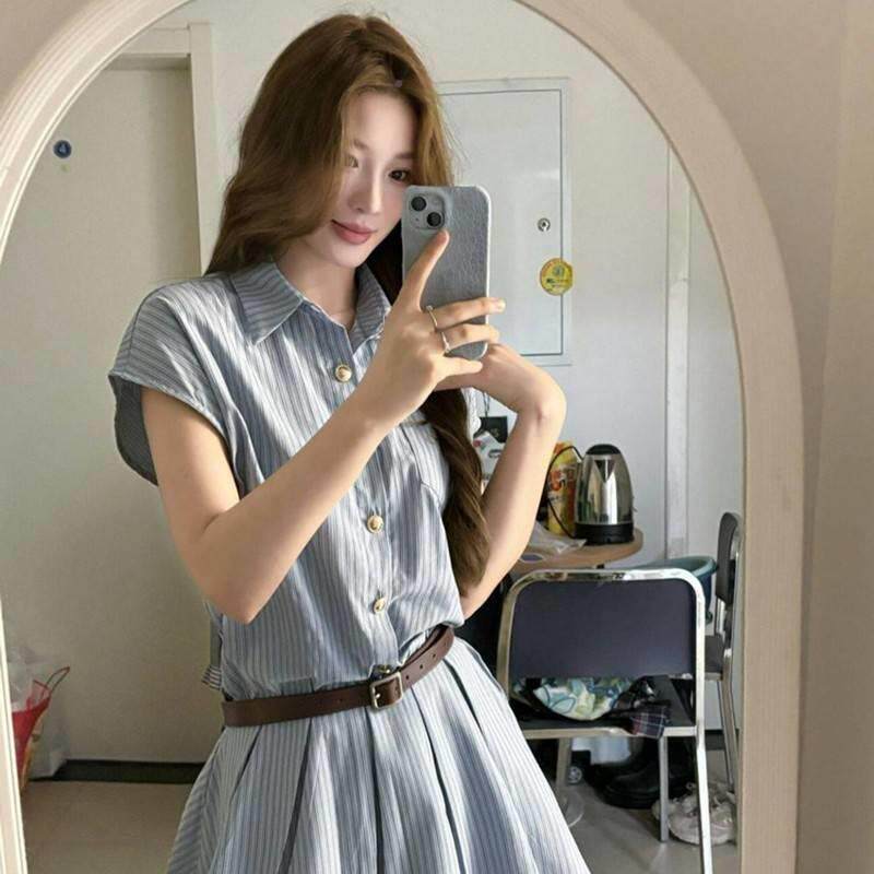 2565学院风色裙条纹衬衫连衣裙子收腰显瘦蓝气质设计感小众女百褶