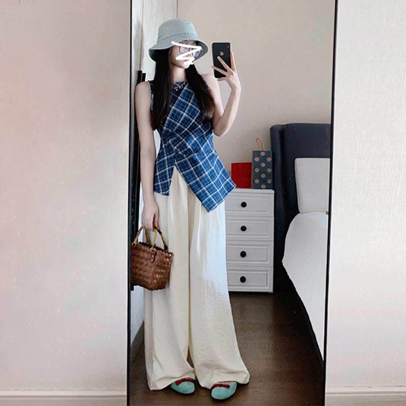 无开叉掐腰袖子上衣女夏格季2025新妹款别致辣背心短袖ltao8193T