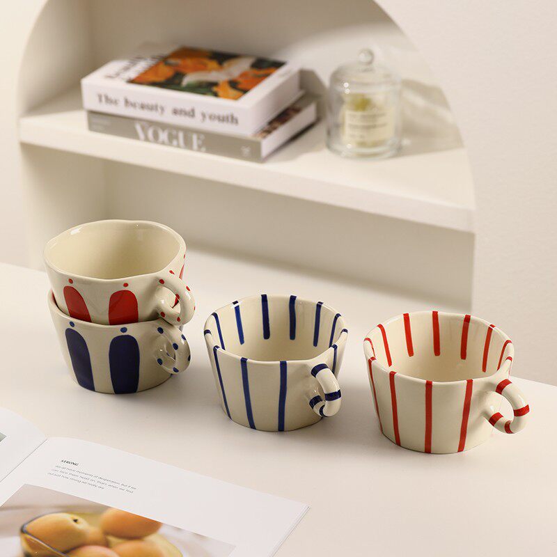 280ml北欧条纹水杯复古手绘马克杯咖啡杯手柄水杯陶瓷杯情侣杯