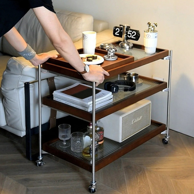 中复古实木玻璃小推车可移动沙发餐边包豪斯茶几收纳床头柜置物架