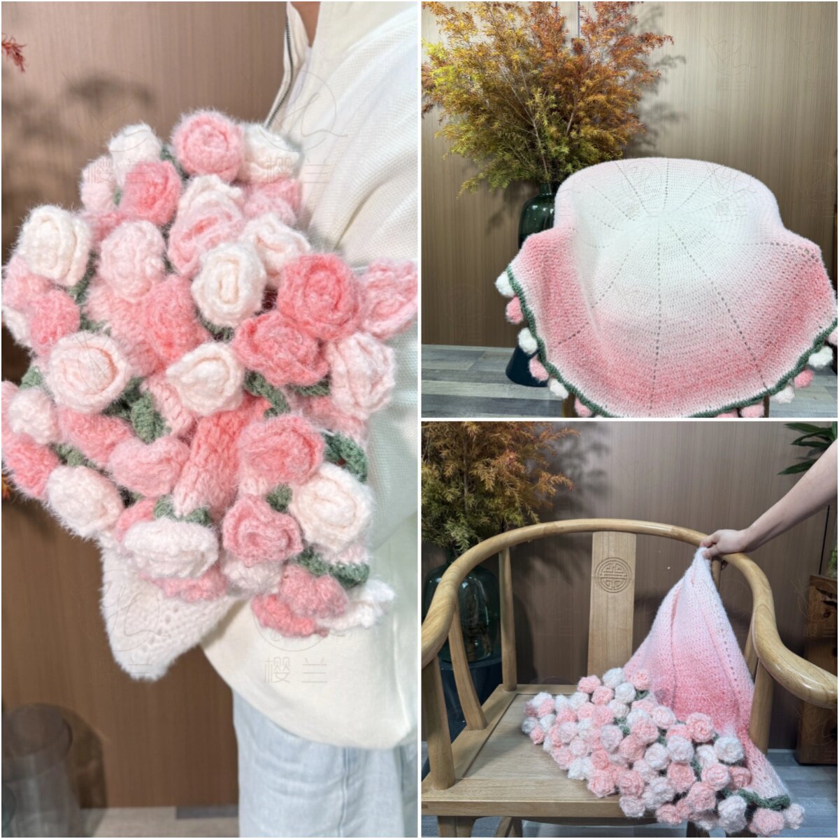 七星盖毯渐变玫瑰花束毯子长绒手工编织diy材料包花束轻纱毯礼物