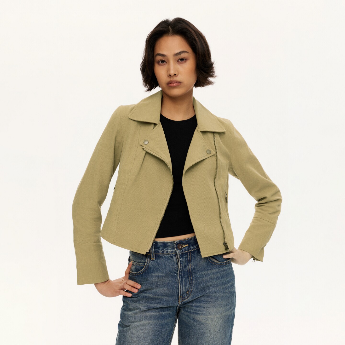 oneup莱赛尔棉麻机车夹克女秋季修身显瘦美式复古短款卡其色外套
