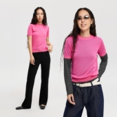 oneup羊毛短袖 通勤上衣 两件套叠穿t恤女春季 毛衣卷边长袖 针织衫