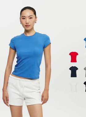 oneup美式弹力紧身修身蓝色正肩短袖t恤女夏季瑜伽健身运动上衣