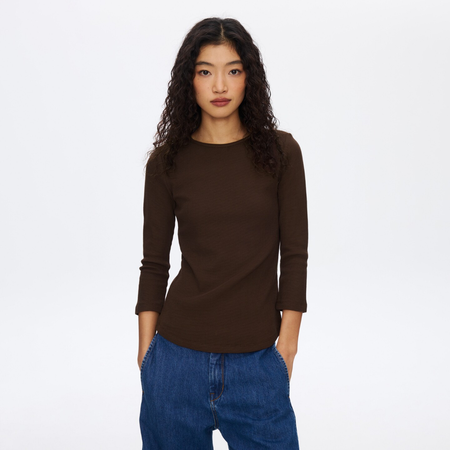 oneup松弛感华夫格七分袖t恤女春季透气打底衫修身健身运动上衣