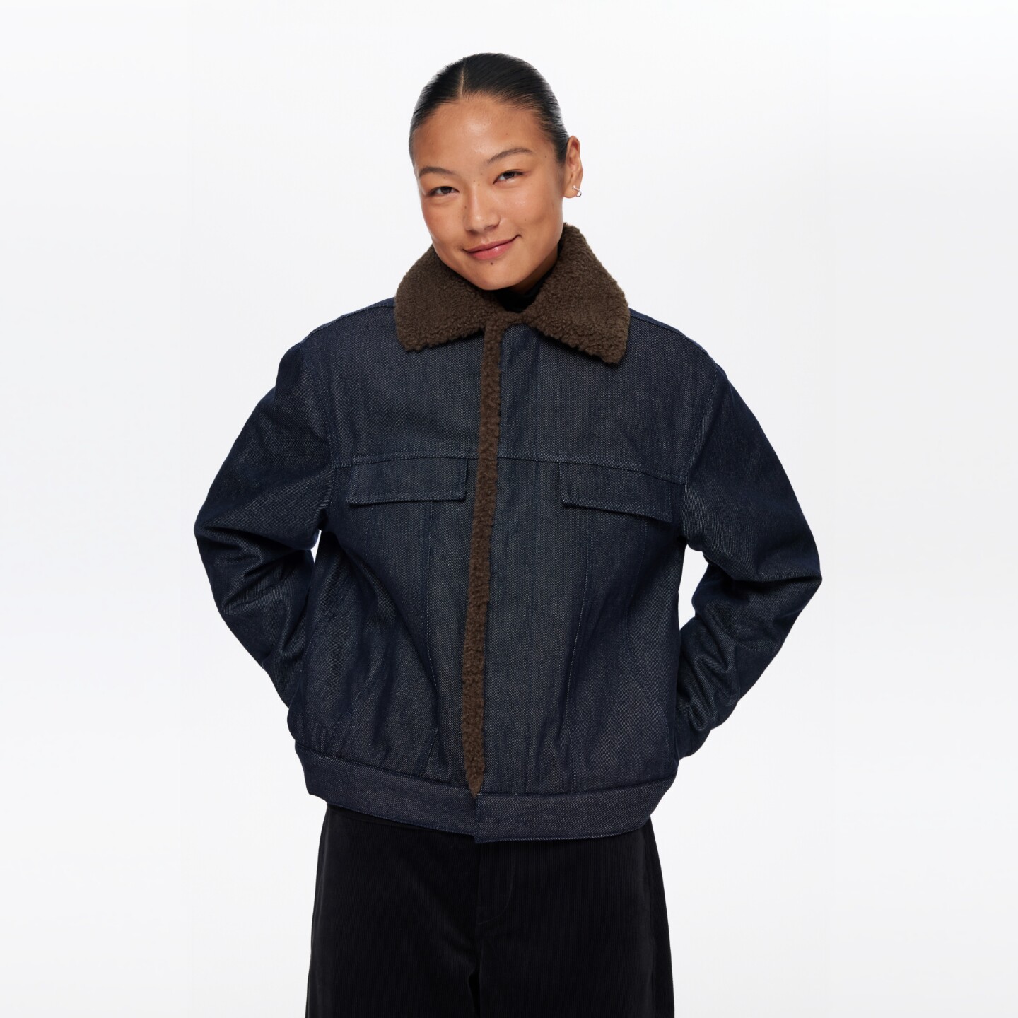 oneup羊羔毛领拼接夹棉牛仔外套棉服女秋冬季宽松美式复古棉衣