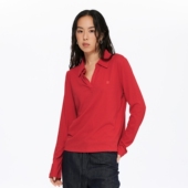 红色亚麻v领长袖 t恤女春季 透气修身 oneup美式 翻领polo衫 通勤上衣