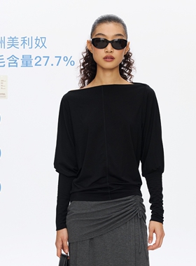 oneup美利奴羊毛羊腿袖一字肩长袖t恤女春季垂顺透气慵懒黑色上衣