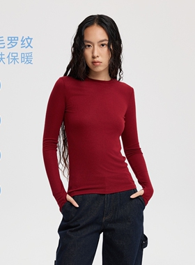 oneup兔毛保暖圆领长袖t恤女秋冬季修身红色内搭打底衫针织衫上衣