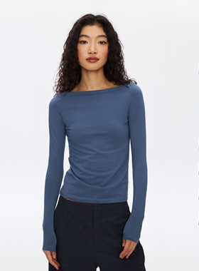 oneup简约修身船领白色长袖t恤女春季亲肤透气健身瑜伽运动上衣