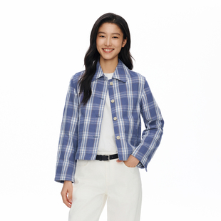 oneup春季美式复古弧摆开衩纯棉宽松格子外套女蓝白格纹翻领夹克