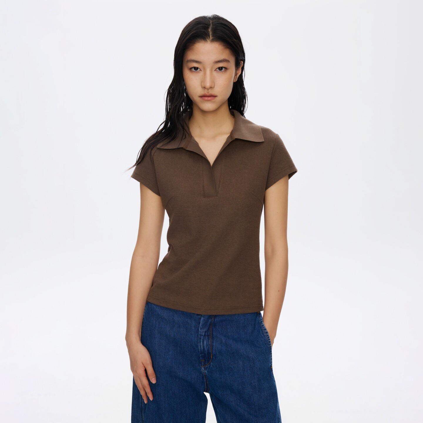 oneup美式毛巾翻领修身正肩短袖t恤女户外运动休闲上衣POLO衫