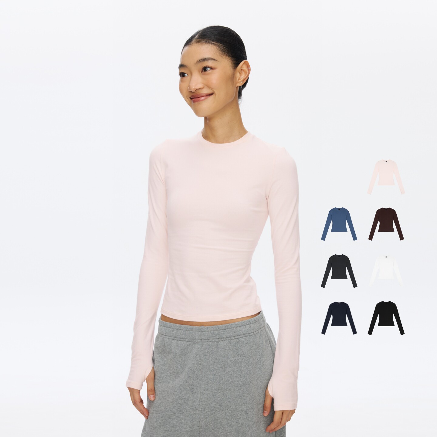 oneup收腰显瘦修身美式圆领长袖t恤女春季运动瑜伽服纯色内搭上衣