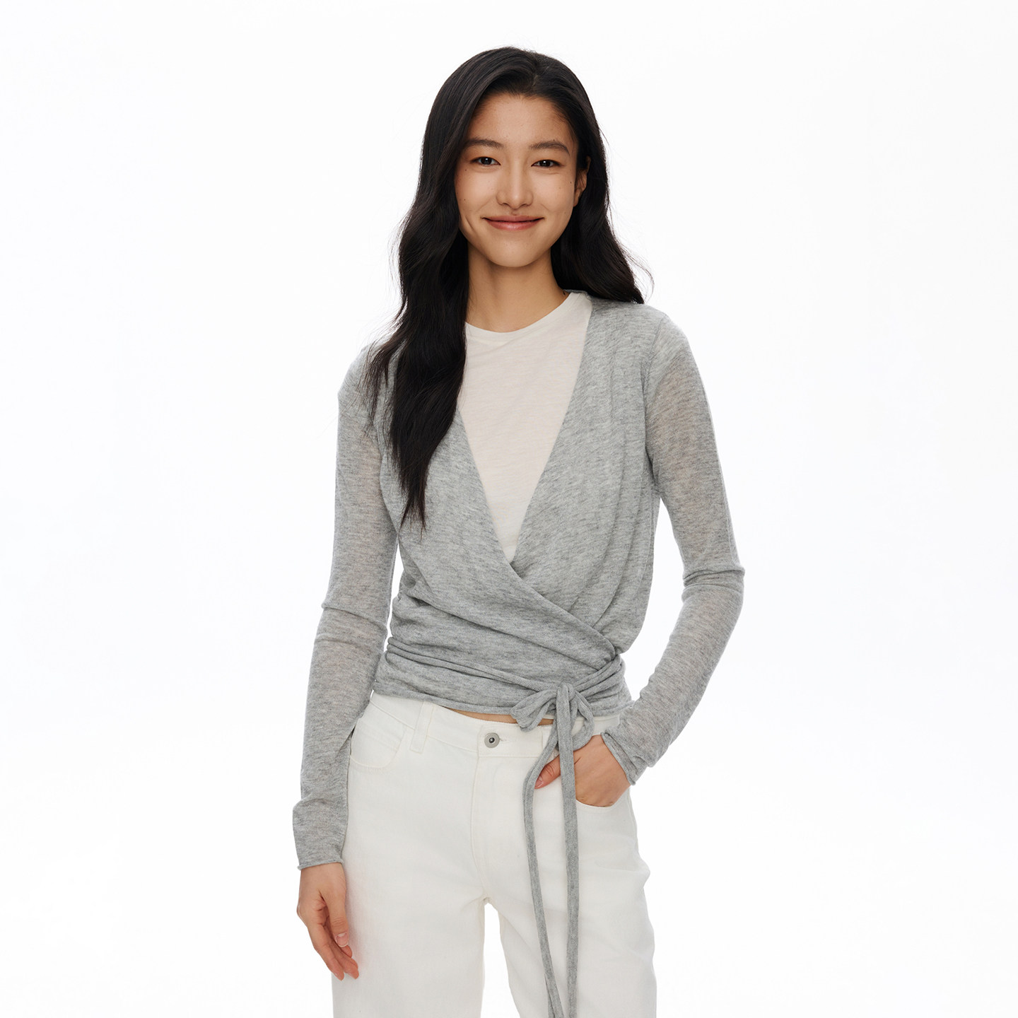 oneup设计感绑带v领羊毛针织衫女春季修身显瘦薄款叠穿长袖t恤