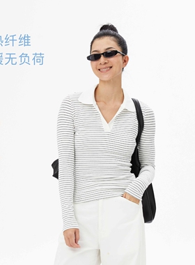 oneup翻领修身长袖t恤女春季蓄热纤维保暖通勤美式条纹POLO衫上衣