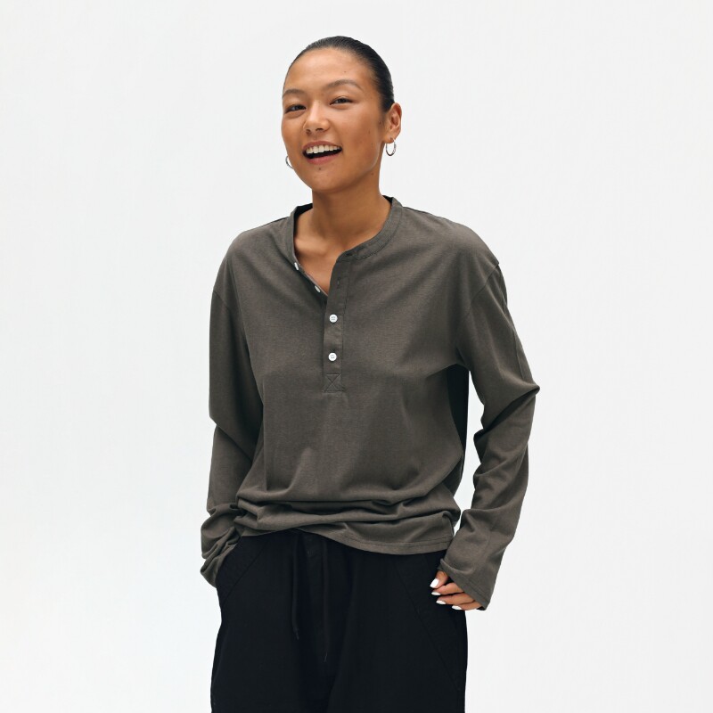 oneup美式亨利领长袖t恤女秋季宽松纯色基础款打底衫亨利衫上衣