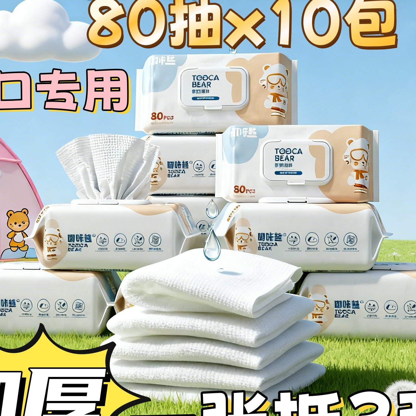 嘟咔熊加大加厚婴儿湿巾手口屁专用80抽x10包家庭实惠装新生宝宝
