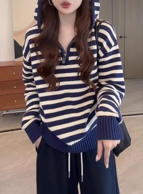 条纹连帽长袖针织衫女装2025秋季大码胖MM半拉炼毛衣帽衫显瘦上衣