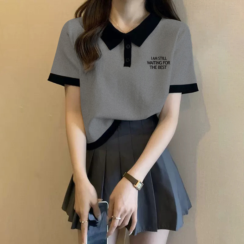 纯棉正肩Polo领短袖t恤女2025夏季新款宽松短款撞色翻领辣妹上衣