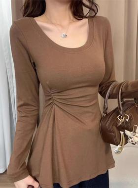 性感辣妹U领掐腰长袖T恤女秋季新款大码胖MM修身显瘦小众打底上衣