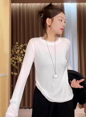 大码高级感白色欧根纱圆领长袖t恤打底衫女秋季胖mm遮肉显瘦上衣