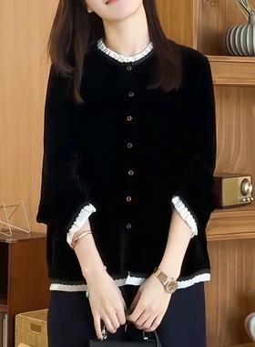 法式木耳边丝绒长袖衬衫女装早秋大码胖MM显瘦独特超好看单穿上衣